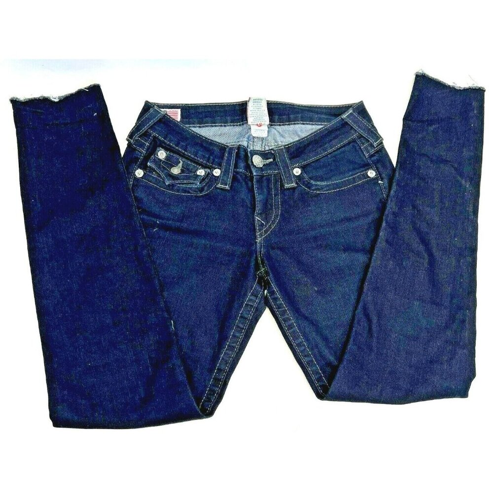 True Religion World Tour Jodie Womens Jeans Size 27 Stretch Denim Raw Hem Dark W - Picture 1 of 10
